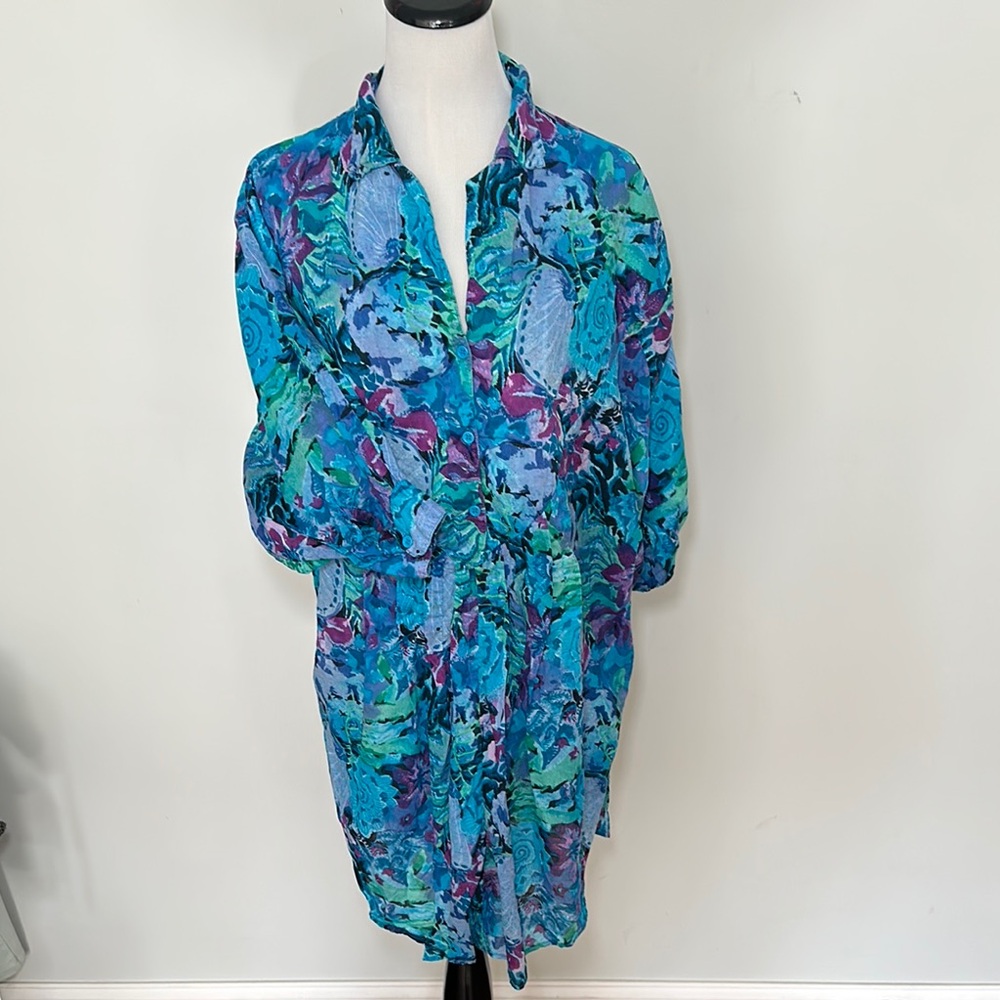 Vintage 90s Tropical Print Cotton Shirt Dress Blue Purple Belted Boho Resort M